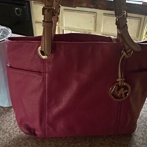 Michael Kors Raspberry Leather Tote with Gold Hardware and Tan Straps